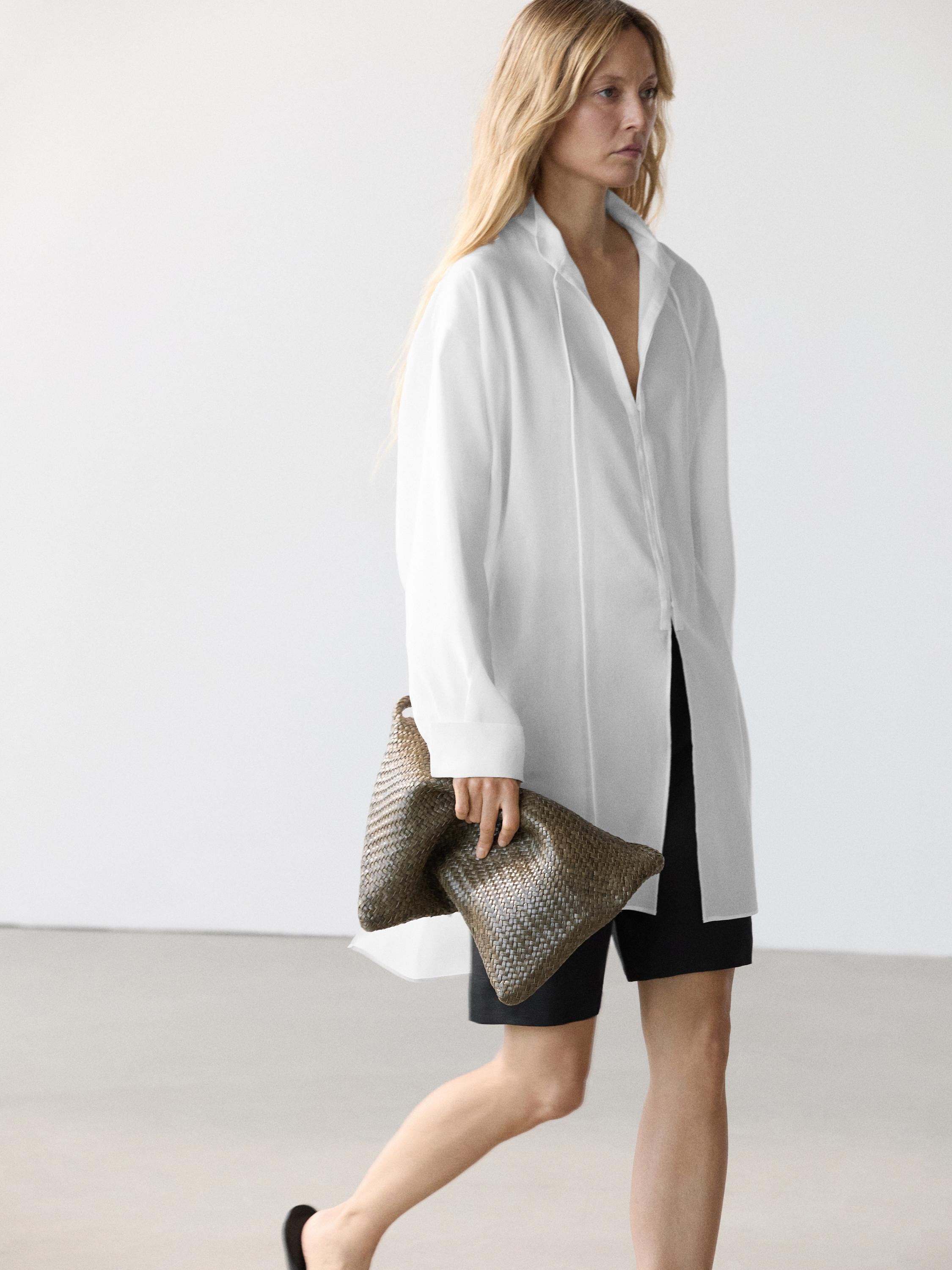 Flowing linen blend shirt with stand collar | Massimo Dutti UK