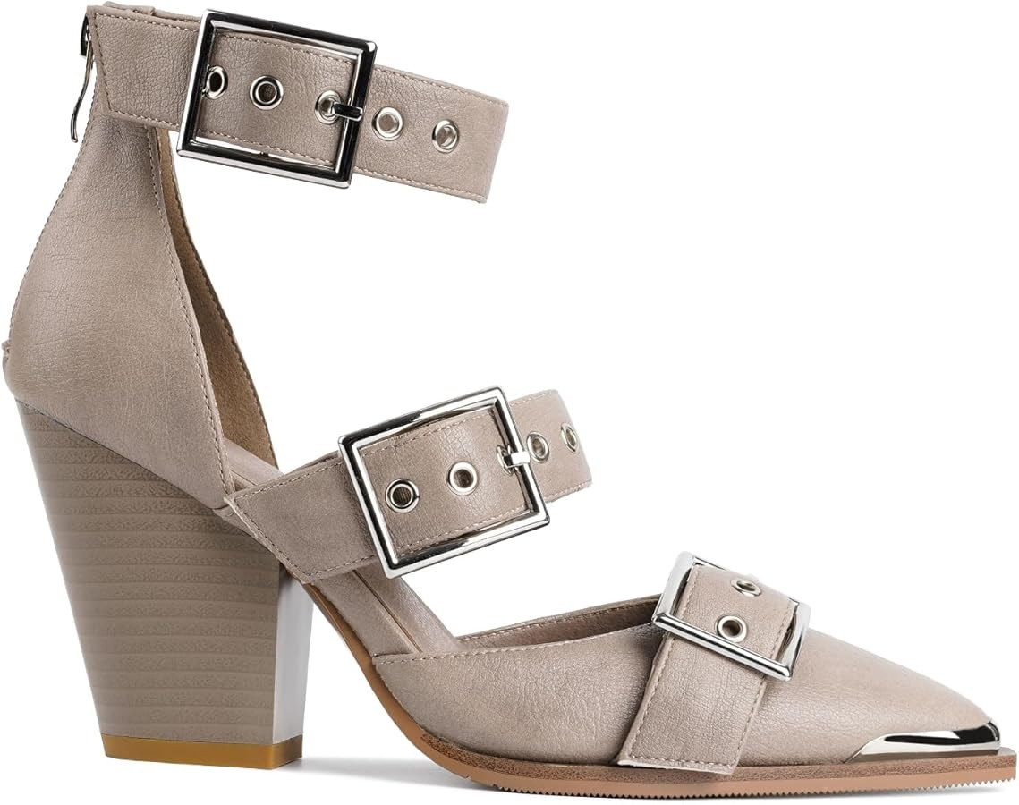 Western Sandals for Women Chunky Wedge Heels Pointed Toe Pumps Ankle Strap Metal Buckle Strappy H... | Amazon (US)