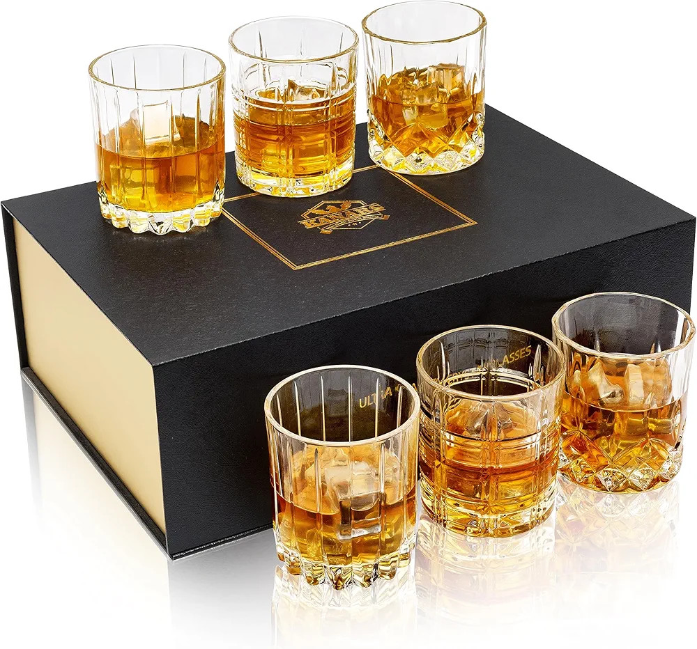 KANARS Whiskey Glasses Mixed, 10 Oz Scotch Glasses Set of 6, Rock Bar Tumblers 3 Patterns in Luxu... | Amazon (US)