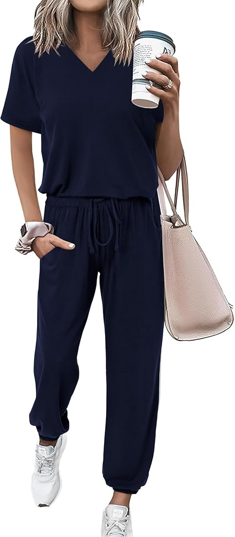 MASCOMODA Womens 2 Piece Outfits Summer Casual V Neck Short Sleeve Tops Long Pants Tracksuit Loun... | Amazon (US)