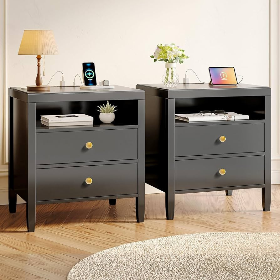 Huuger Black Nightstand Set of 2, Night Stand with Charger Station, Bedside Table with 2 Drawers,... | Amazon (US)