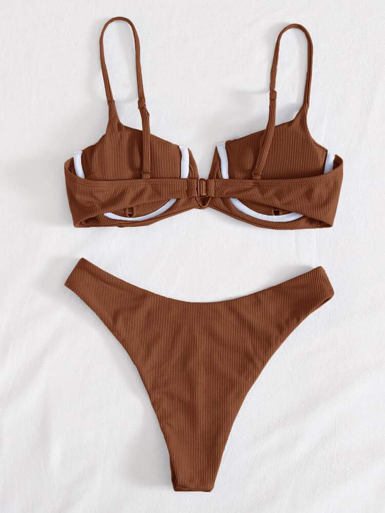 Rib V Wired Underwire High Cut Bikini Swimsuit | SHEIN