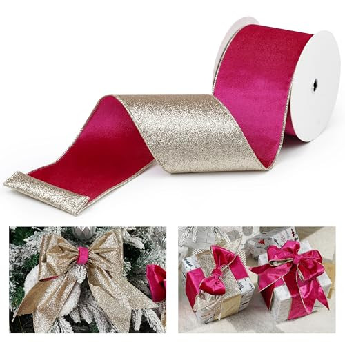 LIZLOVESS Hot Pink Velvet Wired Ribbon with Glitter Back 4 Inch Pink and Gold Christmas Ribbon Wired Fuschia Ribbon for Christmas Tree, Gift Wrapping, Wreaths Supplies, Topper Bows (10 Yards) | Amazon (US)