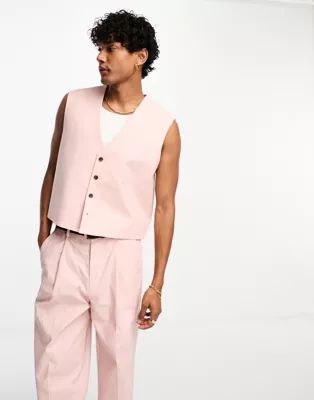 ASOS DESIGN linen mix cropped suit waistcoat in pink | ASOS (Global)