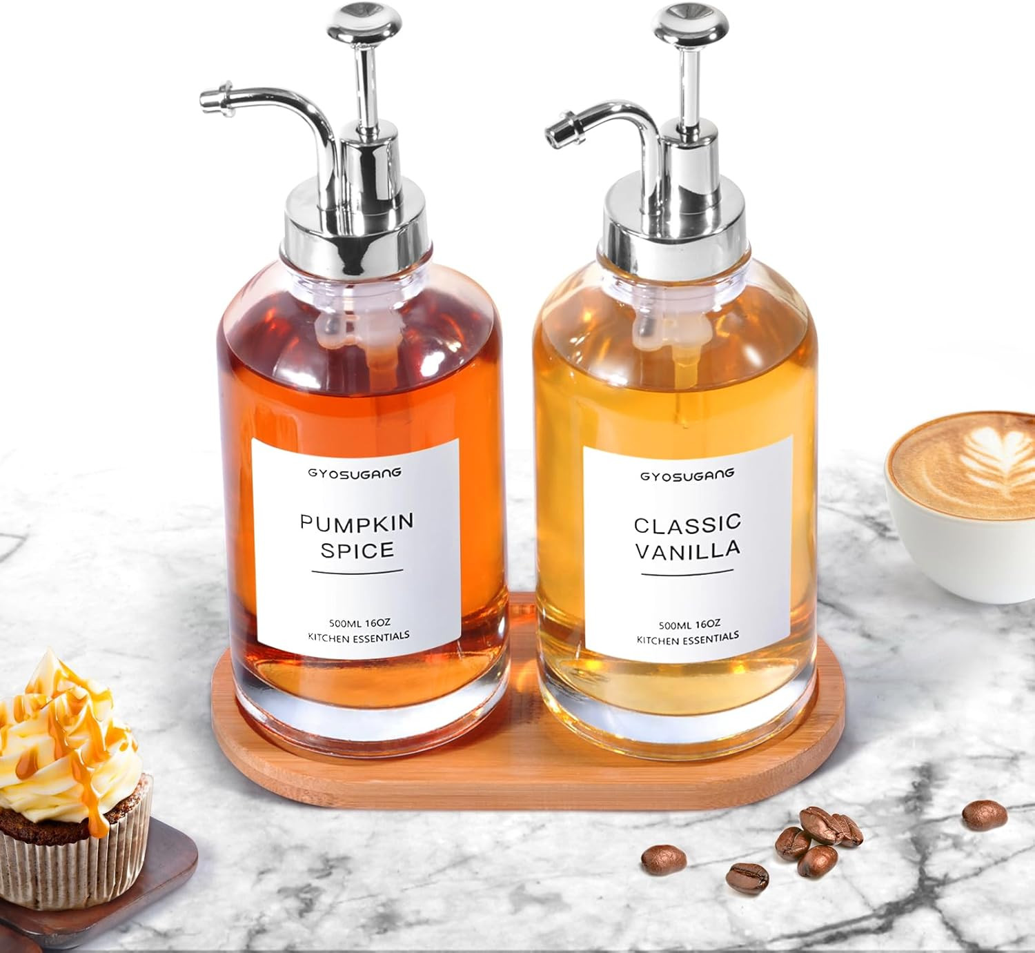 Coffee Syrup Dispenser for Coffee Bar, Set of 2 Simple Glass Syrup Bottle w 84 Labels and Bamboo ... | Amazon (US)