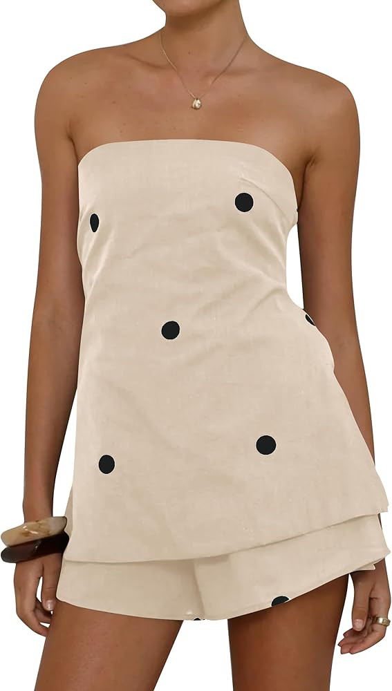 TERIVEEK Women Polka Dot Two Piece Set Summer Lounge Set Smocked Strapless Top Shorts Matching Se... | Amazon (US)