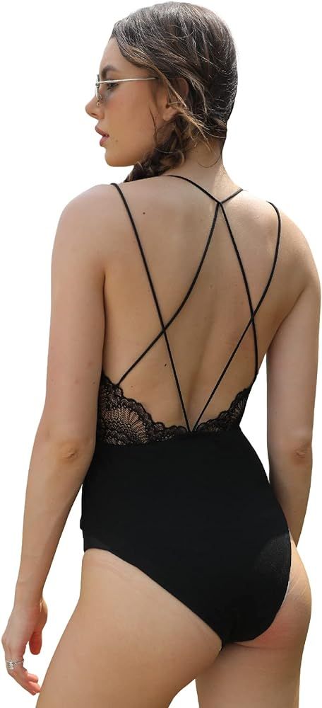 SheIn Women's Backless Criss Cross Lace Sleeveless V Neck Solid Bodysuit Tops | Amazon (US)