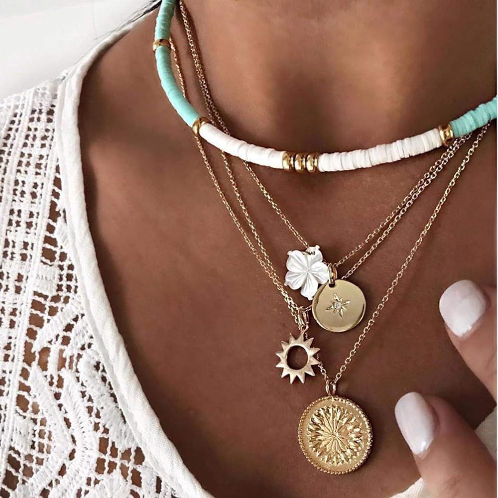 Gangel White Heishi Surfer Choker Layered Necklace Summer Flower Gold Helios Pendant Pretty Styli... | Amazon (US)
