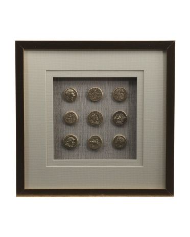 14x14 9pcs Gold Resin Coin With Linen Gold Framed Wall Art | TJ Maxx
