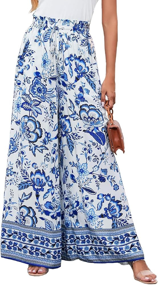 YOCUR Women Summer Beach Vacation Pants High Waisted Wide Leg Pants Printed Loose Flowy Casual Pa... | Amazon (US)