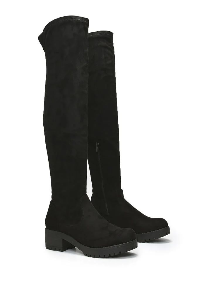 Black Faux Suede Chunky Sole Over The Knee Boots | ISAWITFIRST