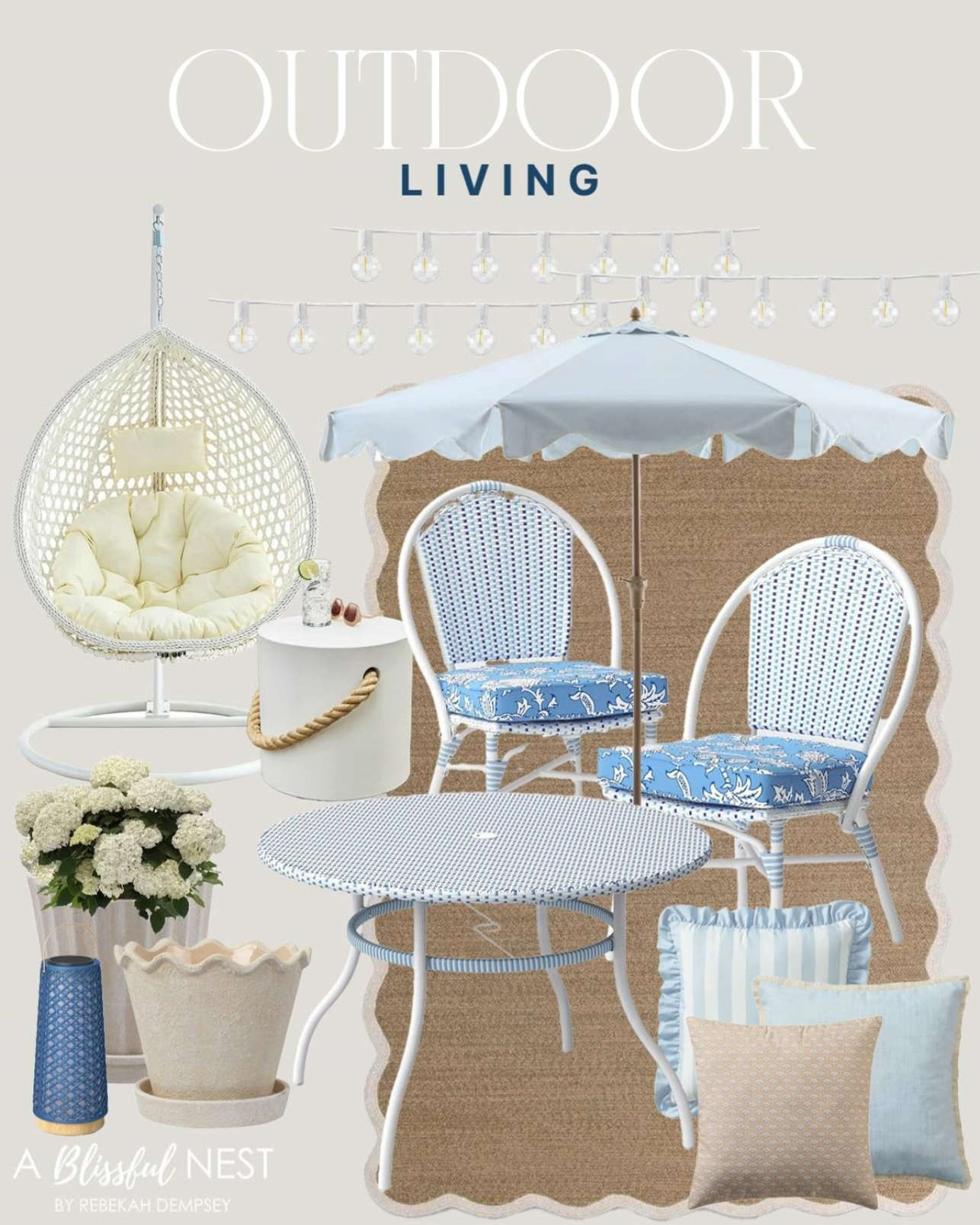 Outdoor decor that adds warmth, texture, and charm. Tap to browse.

globe string lights, concrete & rope outdoor side table, white egg chair, blue floral vines patio chairs, blue and white round patio table, natural scallop braid rug, blue solar LED outdoor large lantern, wave ceramic planter pot, cream shell planter, blue cabana outdoor pillow, blue round market patio umbrella, tan block print pillow, blue fringe pillow. 

 #LTKHome