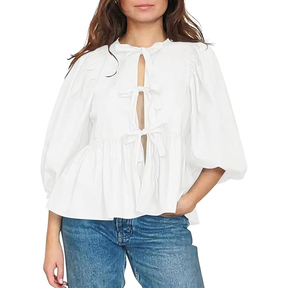 Women Y2K Peplum Shirt Bow Blouse Tie Up Front Puff Short Sleeve Ruffle Babydoll Top | Amazon (US)