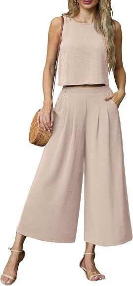 QIXING Women's Summer 2 Piece Outfits Sleeveless Crop Top Flowy Wide Leg Pants Matching Sets Vaca... | Amazon (CA)