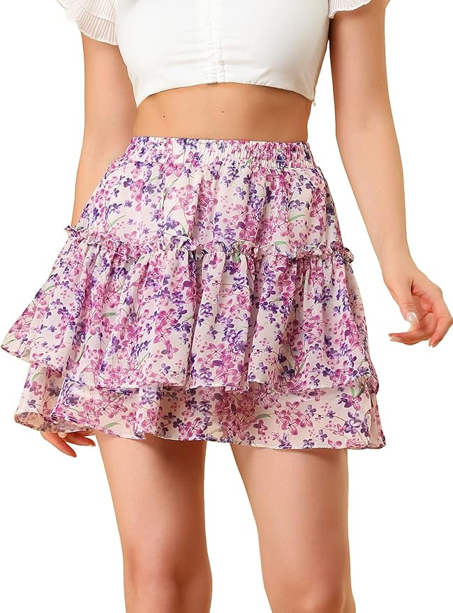 Allegra K Women's Floral Tiered Ruffle Skirts Cute Summer Mini Skirt | Amazon (US)