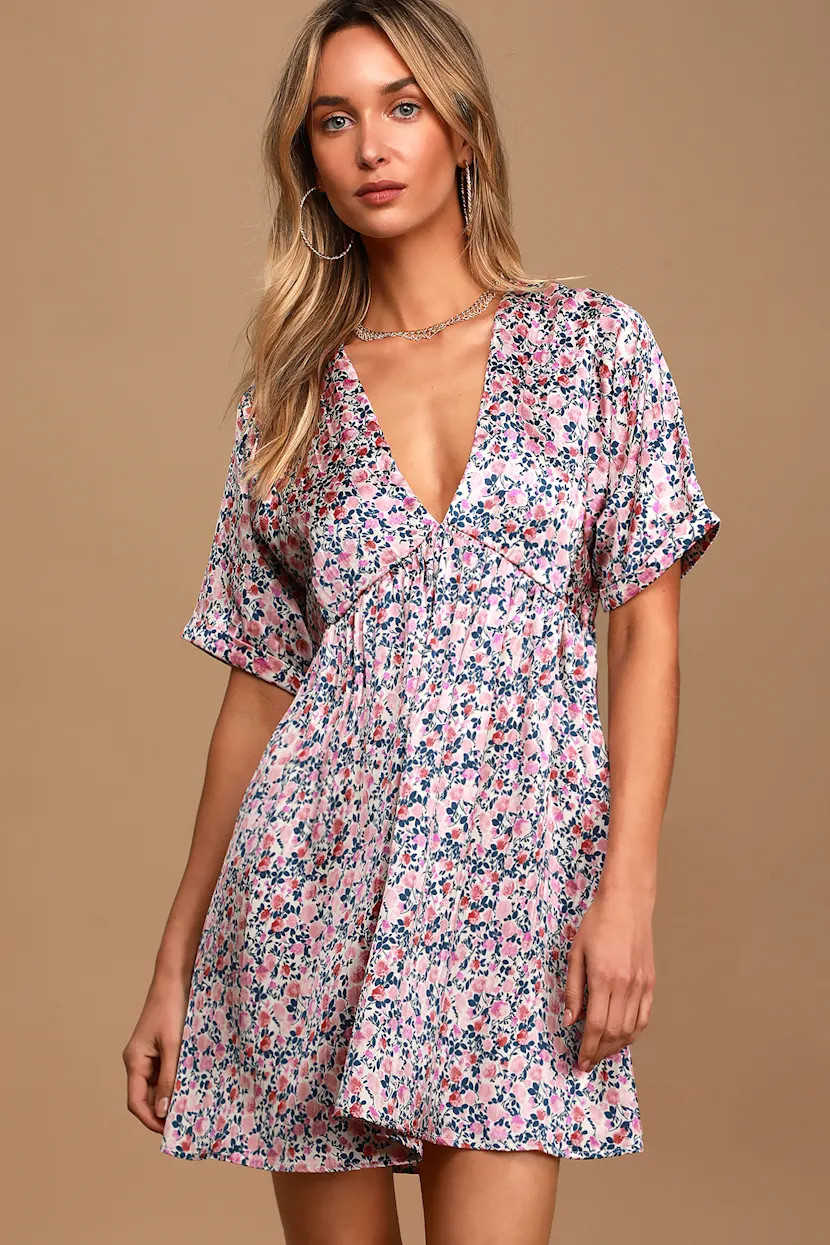 Express Yourself Blush Pink Floral Print Satin Babydoll Dress | Lulus (US)