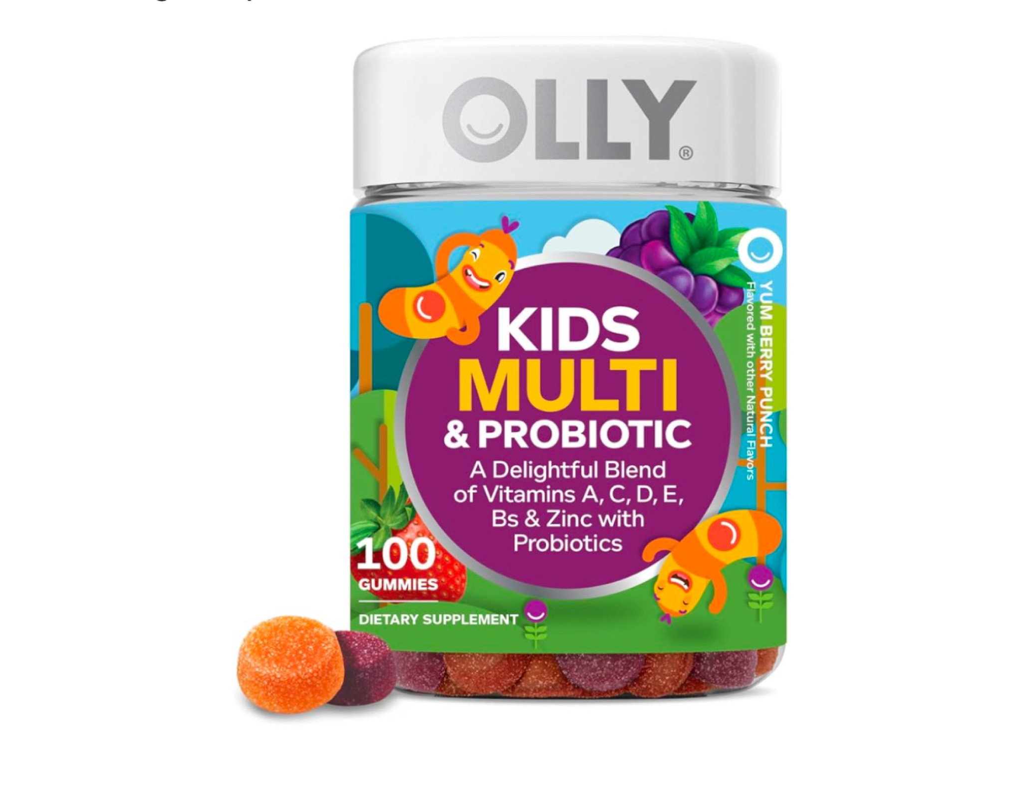 OLLY Kids Multivitamin & Probiotic Gummy, Digestive Support, Vitamins A, D, C, E, B, Zinc, Chewable Supplement, Berry Flavor, 50 day supply - 100 Count