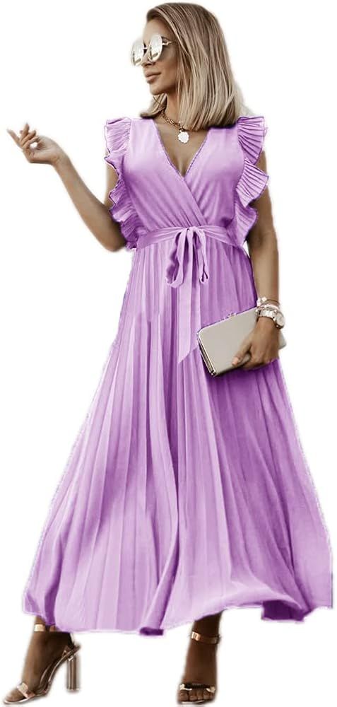 Floralmia Women's Summer Wrap V Neck Ruffle Elegant Belted Pleated Flounce Sleeve Long Maxi Dress | Amazon (US)