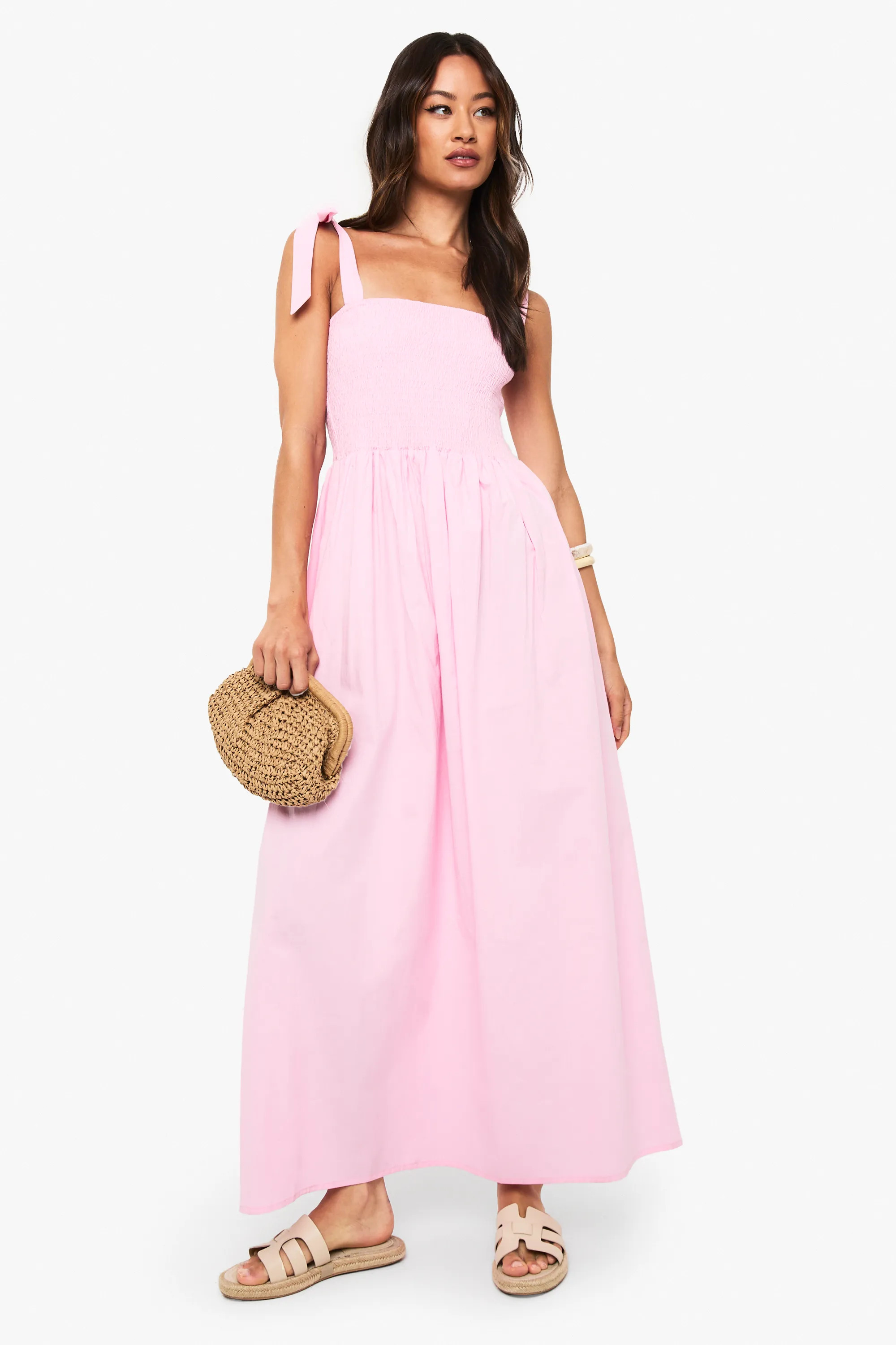 Pink Lange maxi\u2010jurk van gerimpelde popeline met strikband | Boohoo NL | Boohoo.com (NL)