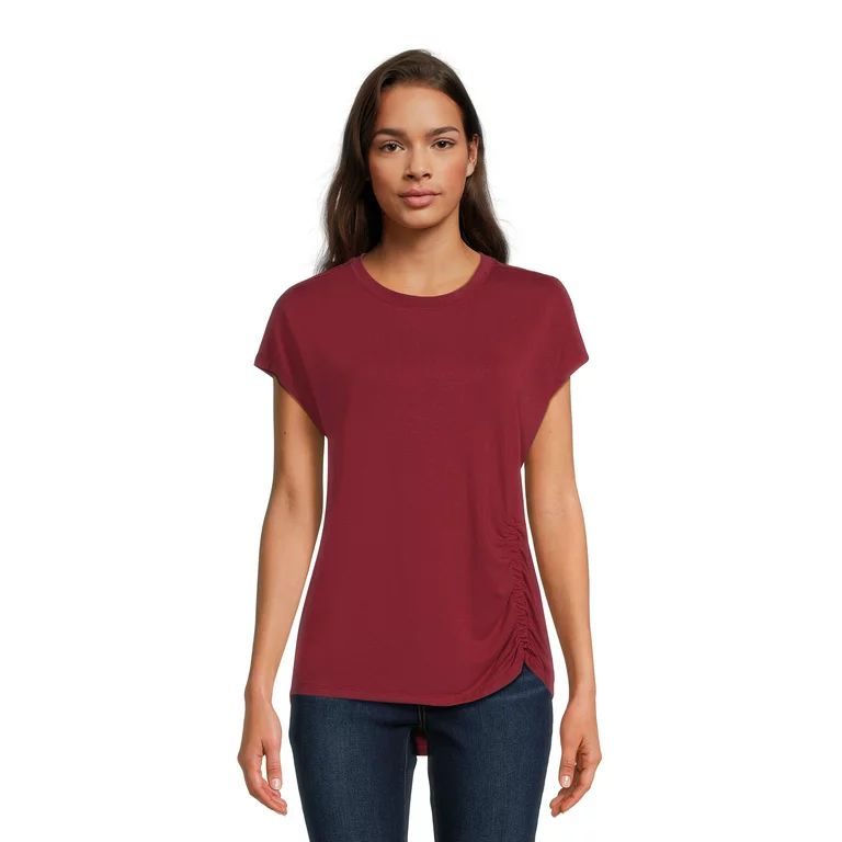 Time and Tru Women's Side Ruched Tee with Short Sleeves, Sizes XS-3XL - Walmart.com | Walmart (US)