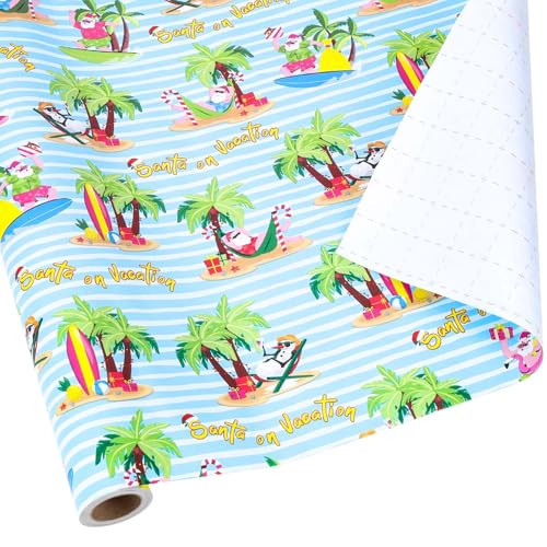 LaRibbons Christmas Wrapping Paper Mini Roll, Funny Santa on Vacation Pattern with Palm Trees and Surfboards, for Summer Christmas, Beach themed Gifting, 17" x 33' (46.7 sq. ft) | Amazon (US)