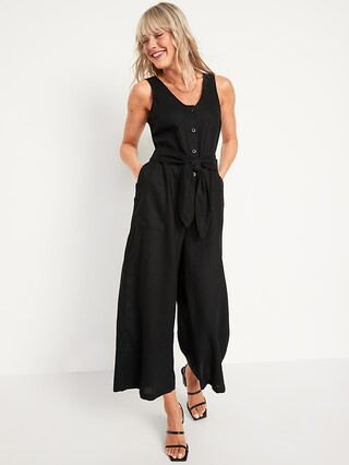 Sleeveless Cropped Linen-Blend Belted Jumpsuit for Women | Old Navy (US)