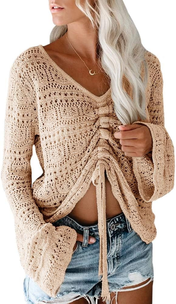 Saodimallsu Womens Boho Off Shoulder Sheer Crop Tops Bell Sleeve Flowy Oversized Crochet Ruched Pull | Amazon (US)