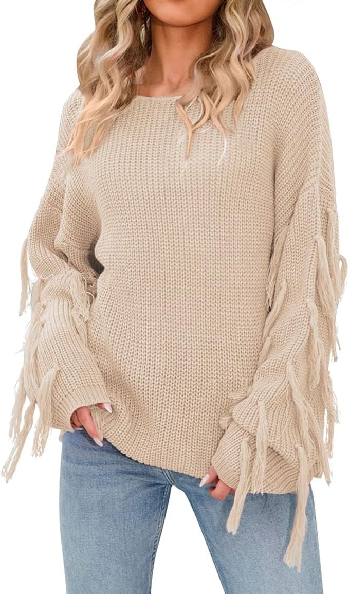 Womens Sweater Women Casual Large Size Pullover Sweater Tassel Long Sleeve Loose Round Neck Sweat... | Amazon (US)