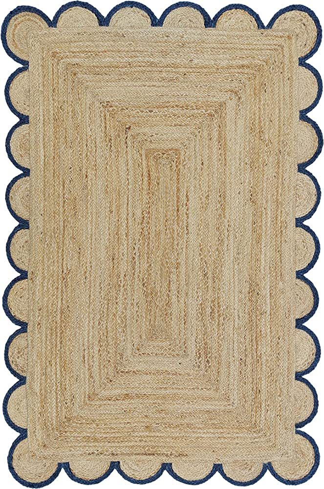 Scalloped Natural Jute Area Rug, Navy Trim, 2'6"x6' | Amazon (US)