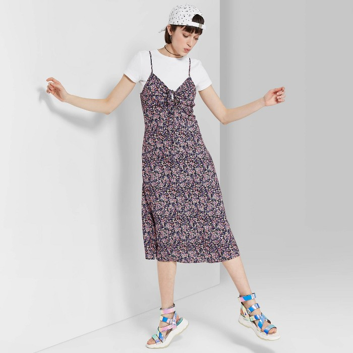 Women's Floral Print Strappy Cinched Front Midi Slip Dress - Wild Fable™ Black/Pink | Target