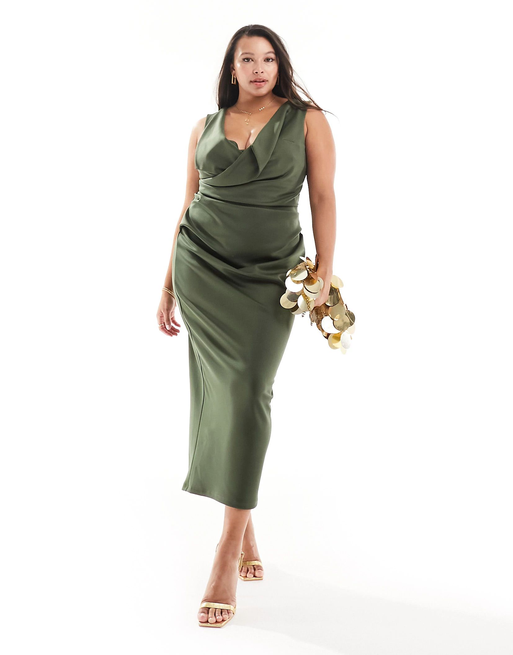 ASOS DESIGN Curve square neck pleat bust midi pencil dress in deep green | ASOS (Global)
