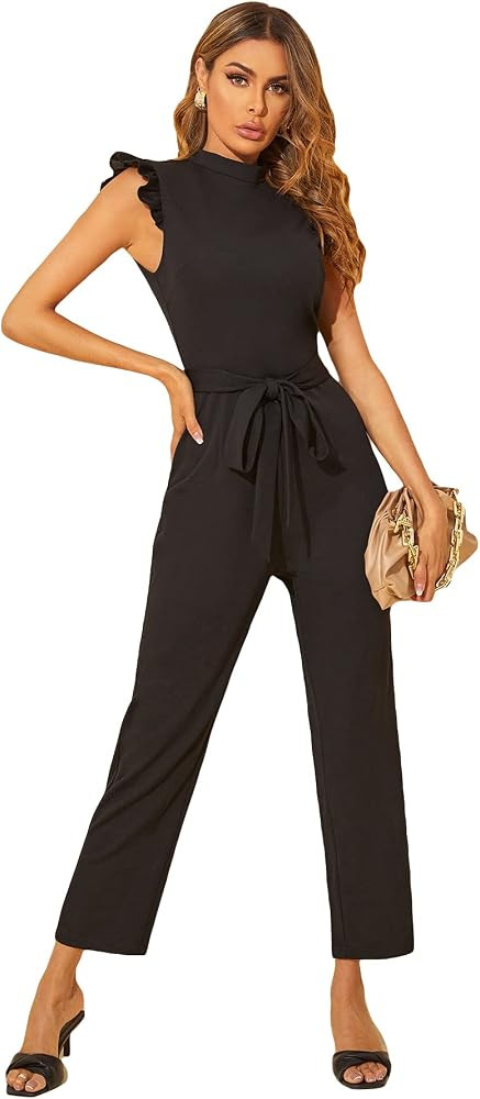 WDIRARA Women's Tall Sleeveless Stand Mock Neck Ruffle Trim Belted Cropped Jumpsuit | Amazon (US)