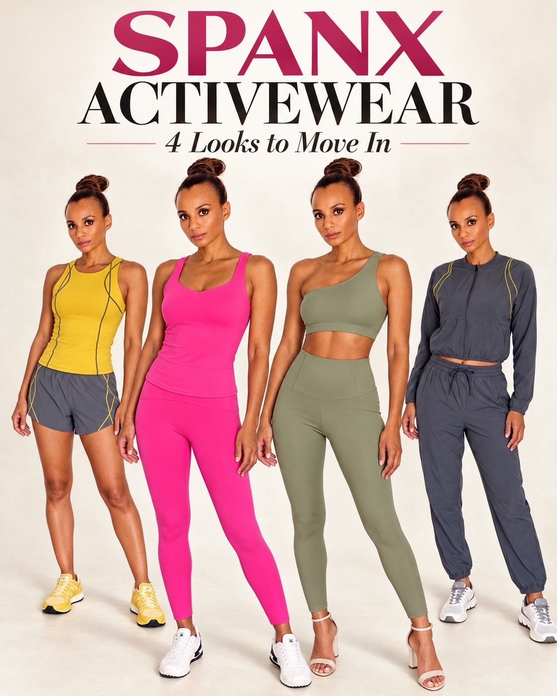 SPANX activewear outfit ideas 💗 Four looks for workouts, walks, and casual days: a pink tank and leggings set, a yellow tank with running shorts, a charcoal jacket and joggers, and an olive one-shoulder top with leggings. Shop my SPANX activewear picks and find your favorite look in the LTK app!

#SPANX #SPANXActivewear #ActivewearOutfits #WorkoutOutfits #LeggingsOutfit #AthleisureStyle #LTKActive