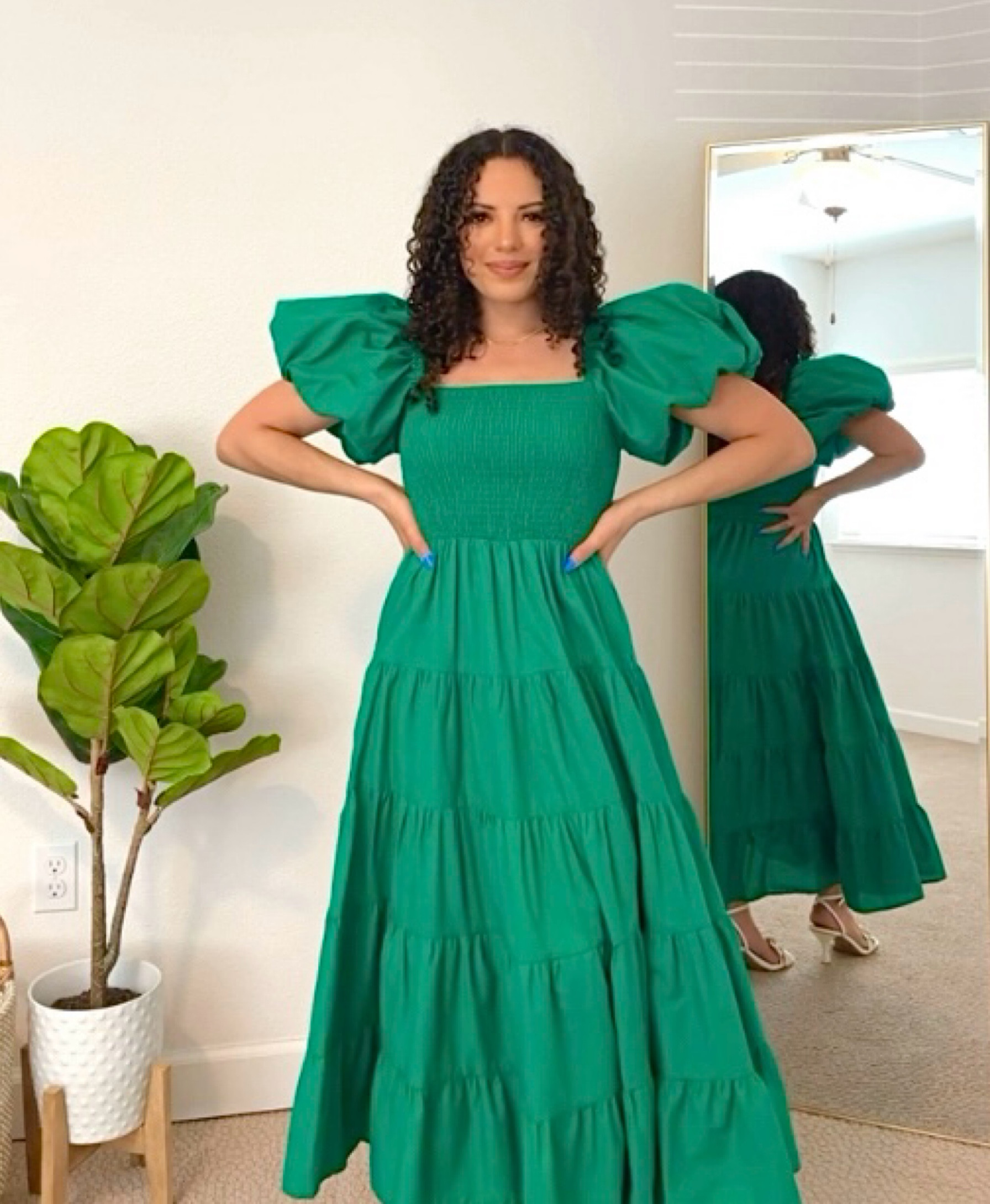 Linked this green puff sleeve dress and white flowers heels from Target, gold layered necklace, and gold teardrop earrings 💚✨ 

#LTKfindsunder100 #LTKstyletip #LTKshoecrush
