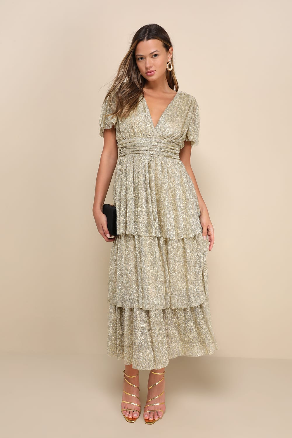 Unbelievable Glow Gold Metallic Tiered Flutter Sleeve Midi Dress | Lulus (US)