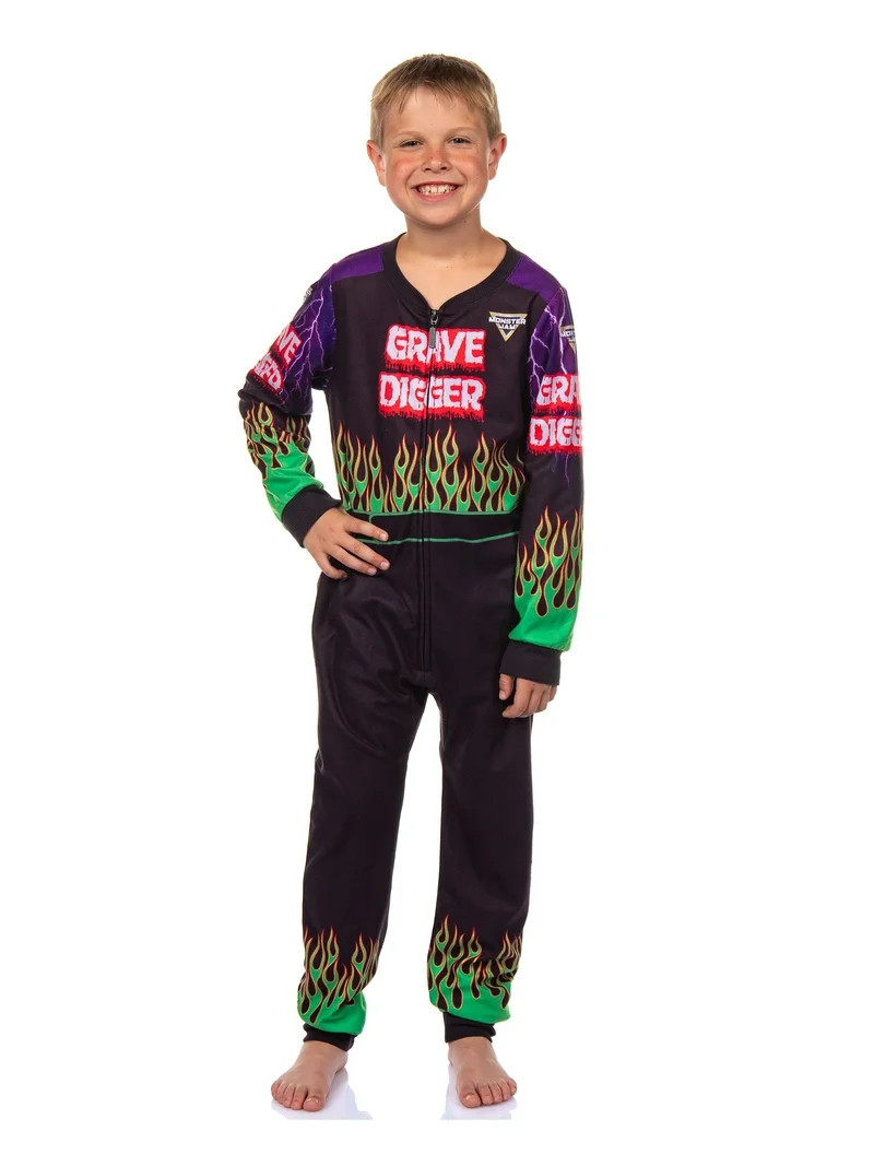 Monster Jam Grave Digger Kids Union Suit One-Piece Sleeper Fleece Monster Truck Pajamas Sleepwear... | Walmart (US)