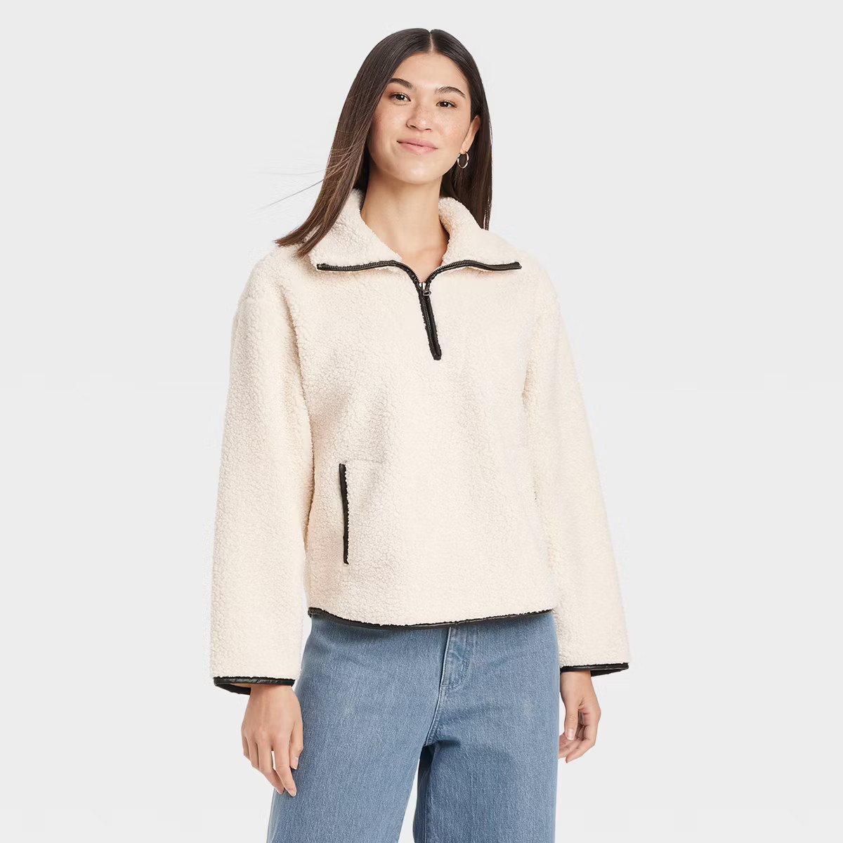 Women's Faux Shearling Quarter Zip Pullover - Universal Thread™ Cream | Target