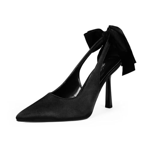 Easyfox Black Bow Heels for Women Formal Dress Heel Closed Toe Heels Black Pumps Pointed Toe Pointy Bridal Wedding Shoes Stilettos Size 6 | Amazon (US)