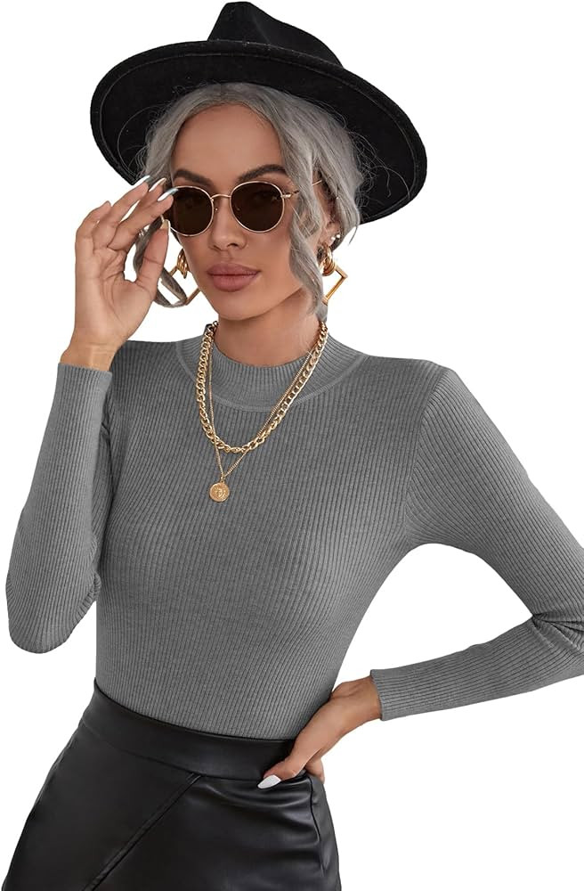 SweatyRocks Women's Long Sleeve Mock Neck Top Ribbed Knit Slim Fit Pullover Sweater | Amazon (US)