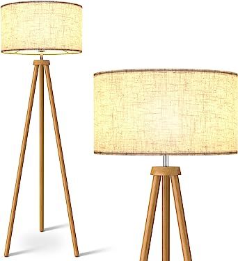 LEPOWER Wood Tripod Floor Lamp, Mid Century Standing Lamp for Living Room, Flaxen Lamp Shade, Mod... | Amazon (US)