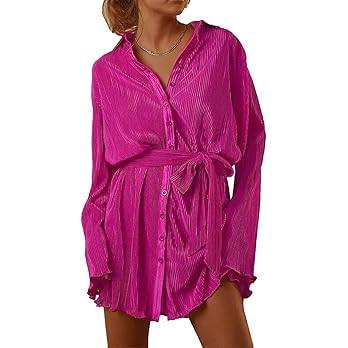 Women Shirt Dresses Long Sleeve Pleated Mini Dress Casual Button Down Tunic Tops with Belt Vintag... | Amazon (US)