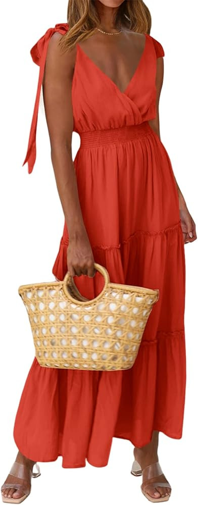 PRETTYGARDEN Women's Cross Neck Summer Sleeveless Tiered Maxi Dress Beach Tie Strap Smocked Long ... | Amazon (US)