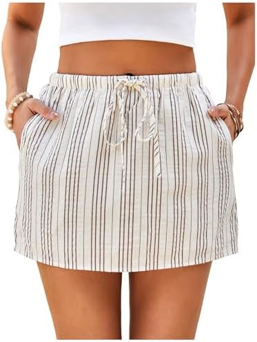 Milumia Women's Striped Drawstring Waist Shorts Summer Casual Skorts with Pocket | Amazon (US)
