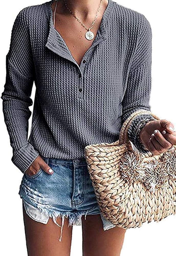 WNEEDU Women's Waffle Knit Tunic Tops Loose Long Sleeve Button Up V Neck Henley Shirts | Amazon (US)