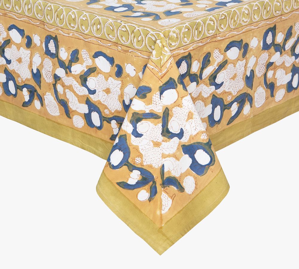 Camille Cotton Tablecloth, 59&amp;quot; X 59&amp;quot; - Blue/Dijon | Pottery Barn (US)