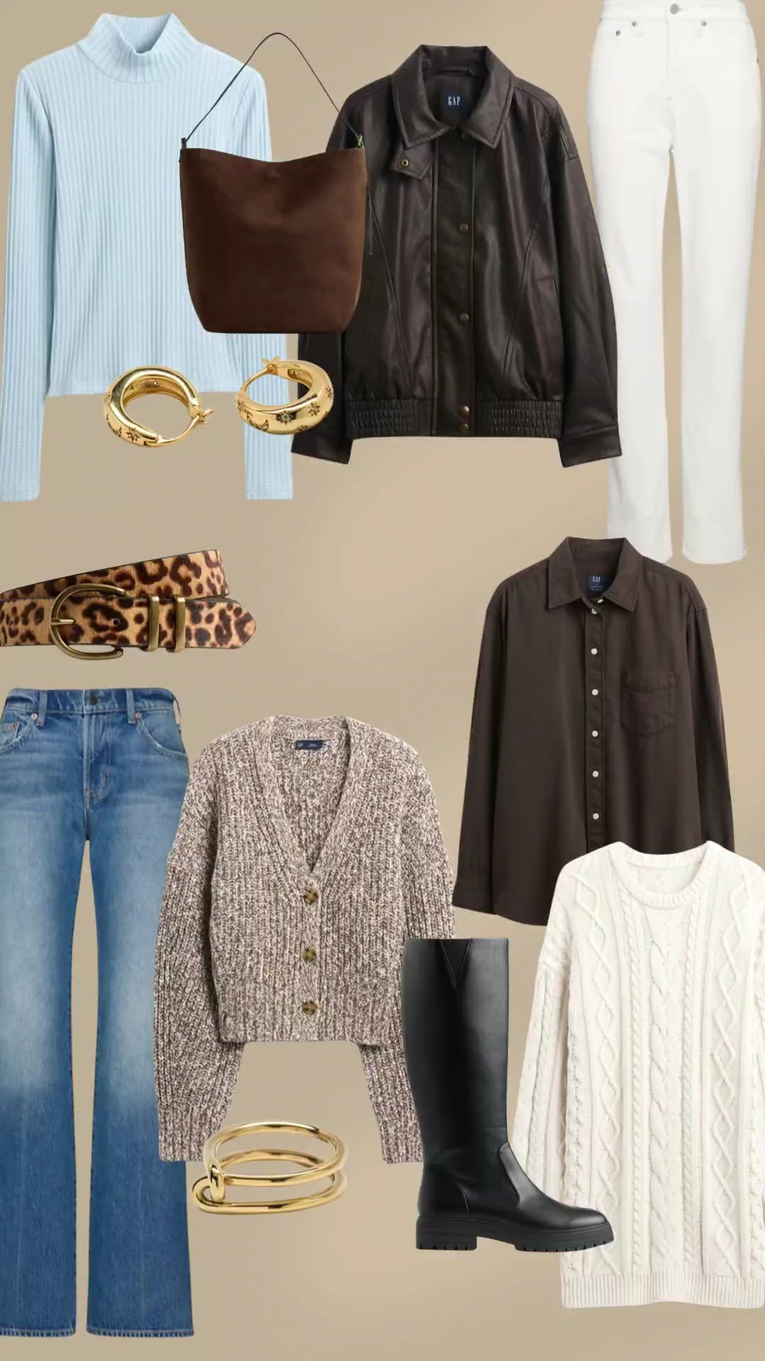 Gap winter styles. Style inspiration. Jeans. Button up. Sweater. Trench coat. Sweater dress. Mules. Fair isle sweater. Leather coat. Leopard print belt. Cardigan. Bootcut denim. 

#LTKSeasonal #LTKSaleAlert #LTKFindsUnder100