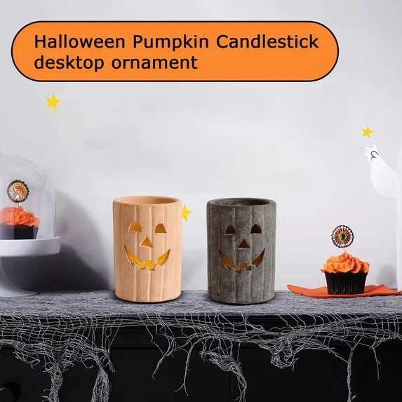 MInHoues Halloween Terracotta Jack-O'-Lantern Candle Holder,7.25" Gray Hollow Jack Face Resin Pum... | Walmart (US)