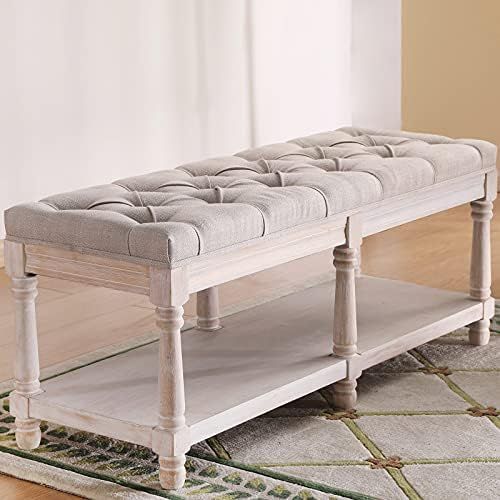 Farmhouse French Storage Bench, Upholstered End of Bed Shoe Bench 45 Inch, Wood Tufted Bedroom Bench | Amazon (US)