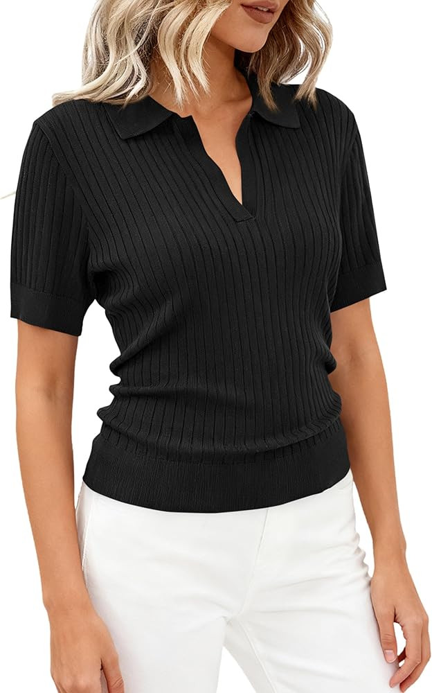 PRETTYGARDEN Women's Short Sleeve Sweater 2026 Spring Polo Shirts Ribbed Knit V Neck Business Cas... | Amazon (US)