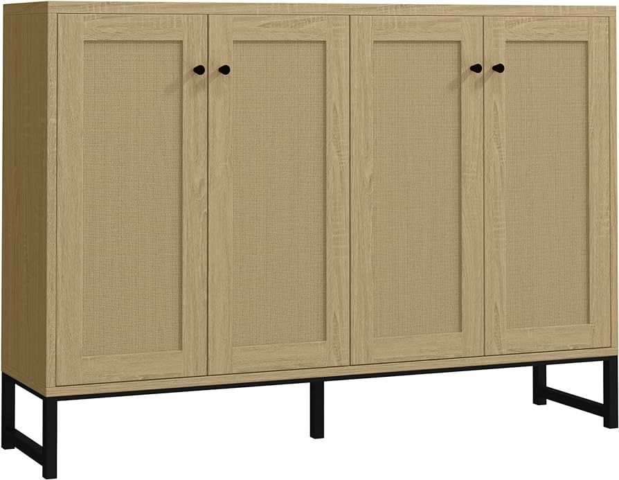 Panana Sideboard Accent Storage Cabinet with Rattan Decorated 4 Doors Dining Room Freestanding Ki... | Amazon (US)